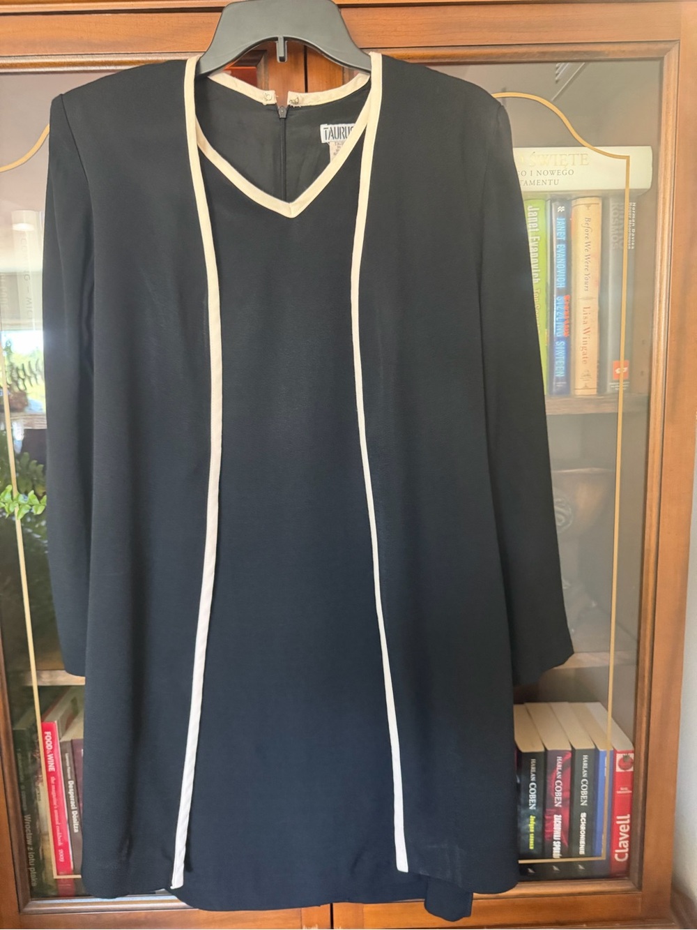 Black Dress with Cream Trim - Classic V-Neck Shift